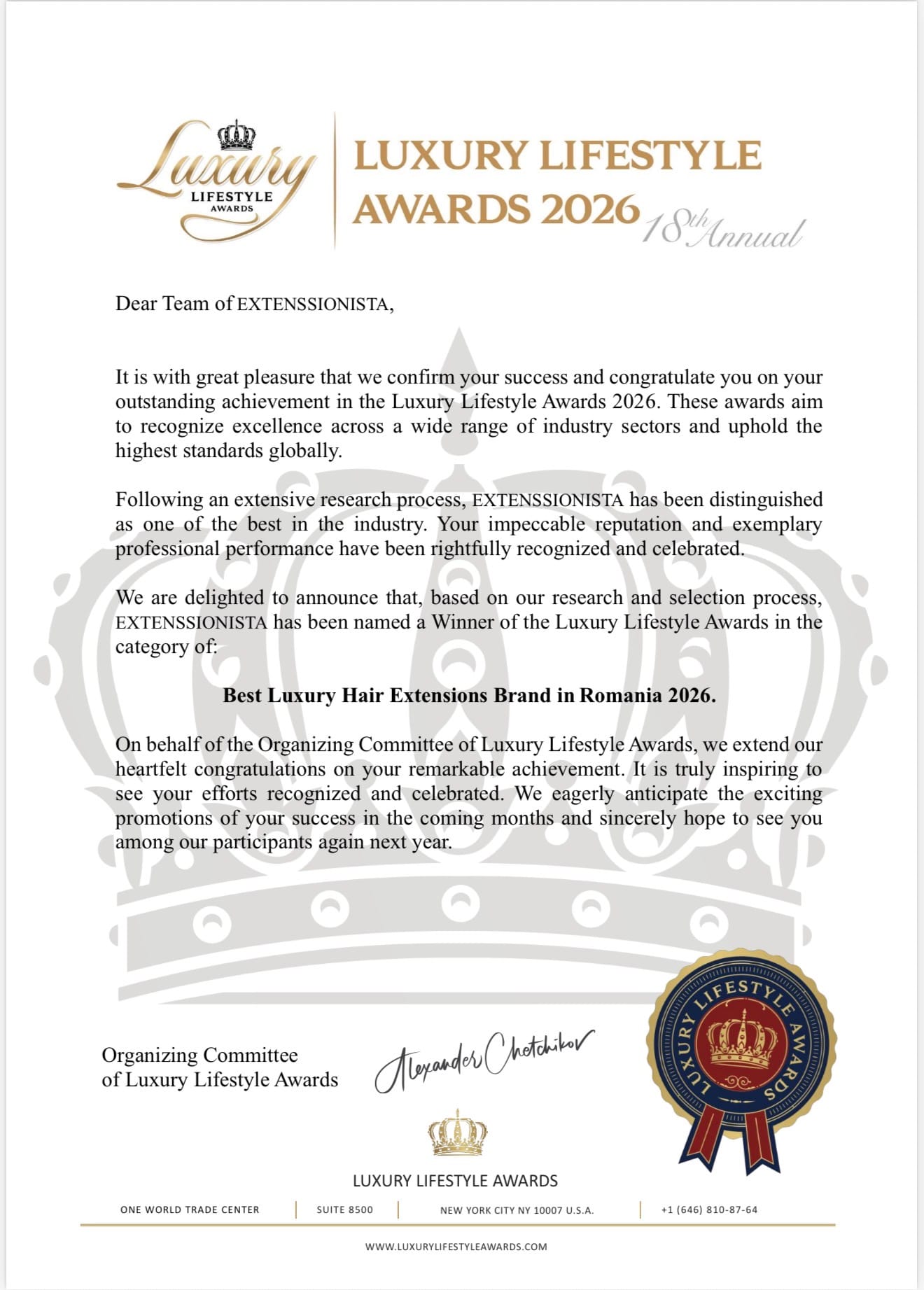 Luxury Lifestyle Awards Winner Certificate